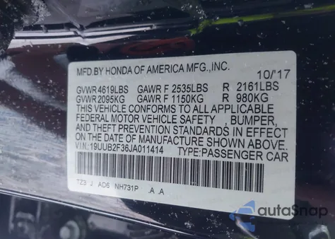 2018 Acura Tlx from USA, damaged, VIN 19UUB2F36JA011414